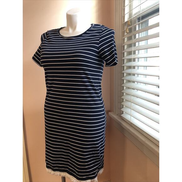 Beach Lunch Lounge NWOT Blue White Striped Short Sleeve Dress Fringe Large - Picture 2 of 8